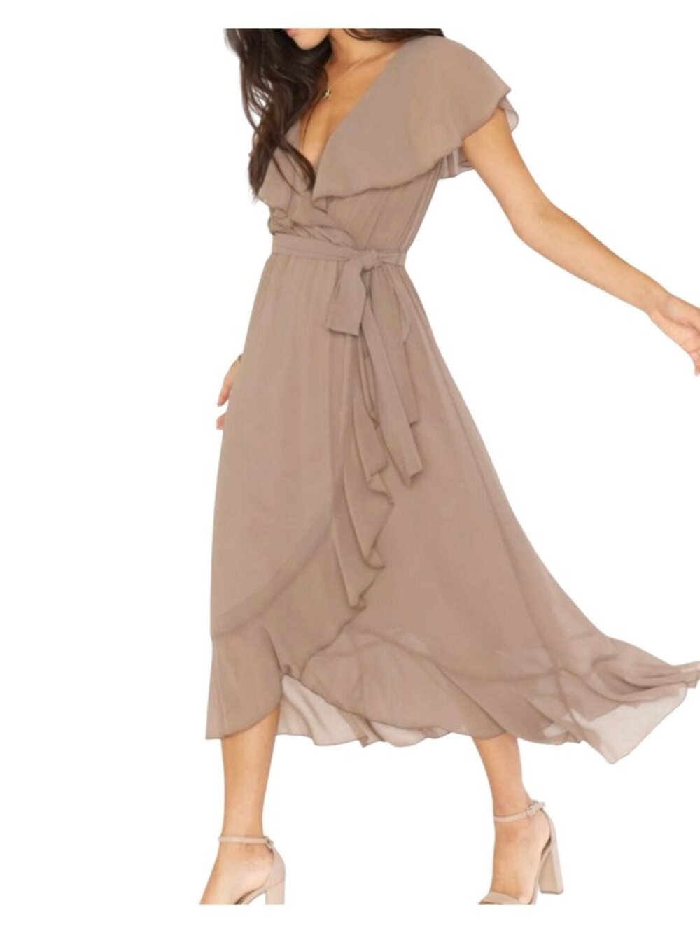 Show Me Your Mumu Jess Ruffle Midi Dress Taupe Size L Flowy Wrap Style